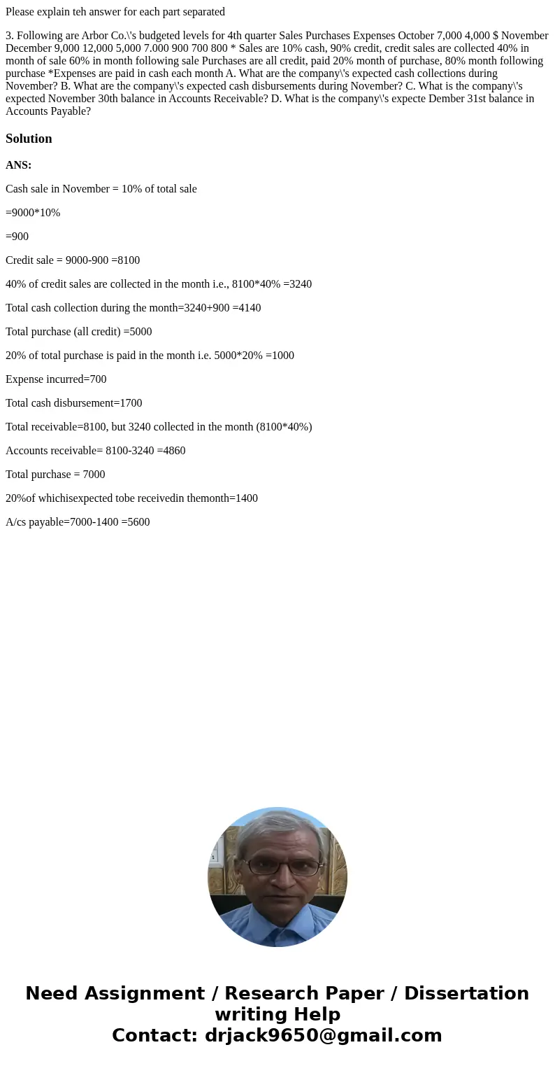 Please explain teh answer for each part separated 3. Following are Arbor Co.\'s budgeted levels for 4th quarter Sales Purchases Expenses October 7,000 4,000 $ N Please explain teh answer for each part separated 3. Following are Arbor Co.\'s budgeted levels for 4th quarter Sales Purchases Expenses October 7,000 4,000 $ N