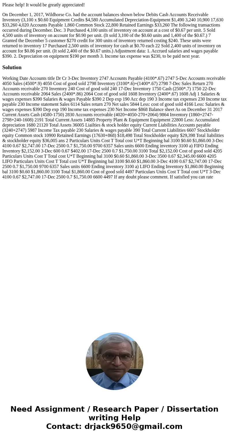Please help! It would be greatly appreciated! On December 1, 2017, Wildhorse Co. had the account balances shown below Debits Cash Accounts Receivable Inventory  Please help! It would be greatly appreciated! On December 1, 2017, Wildhorse Co. had the account balances shown below Debits Cash Accounts Receivable Inventory