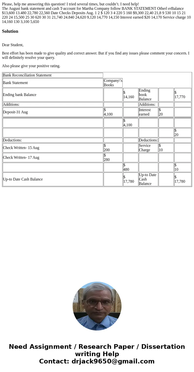 Please, help me answering this question! I tried several times, but couldn’t. I need help! The August bank statement and cash T-account for Martha Company follo