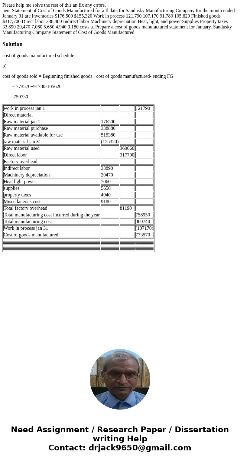 Please help me solve the rest of this an fix any errors. nent Statement of Cost of Goods Manufactured for à Il data for Sandusky Manufacturing Company for the m