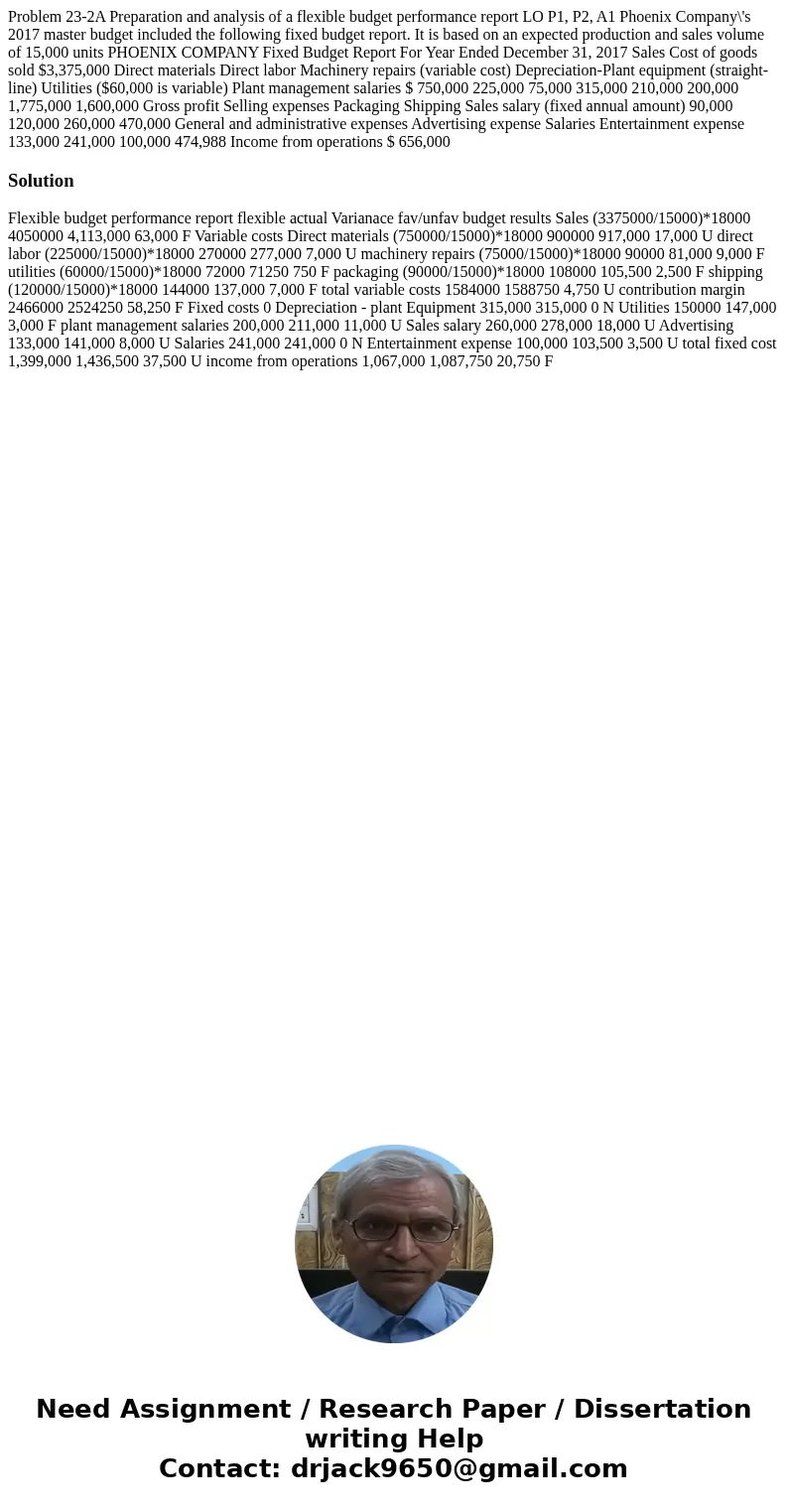 Problem 23-2A Preparation and analysis of a flexible budget performance report LO P1, P2, A1 Phoenix Company\'s 2017 master budget included the following fixed  Problem 23-2A Preparation and analysis of a flexible budget performance report LO P1, P2, A1 Phoenix Company\'s 2017 master budget included the following fixed
