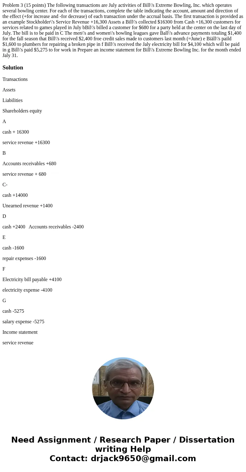 Problem 3 (15 points) The following transactions are July activities of Bill\'s Extreme Bowling, Inc. which operates several bowling center. For each of the tr  Problem 3 (15 points) The following transactions are July activities of Bill\'s Extreme Bowling, Inc. which operates several bowling center. For each of the tr