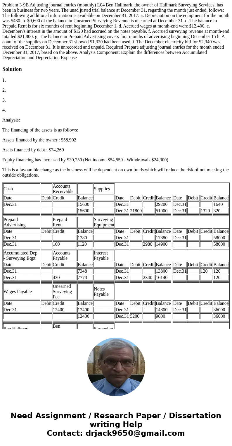  Problem 3-9B Adjusting journal entries (monthly) L04 Ben Hallmark, the owner of Hallmark Surveying Services, has been in business for two years. The unad juste