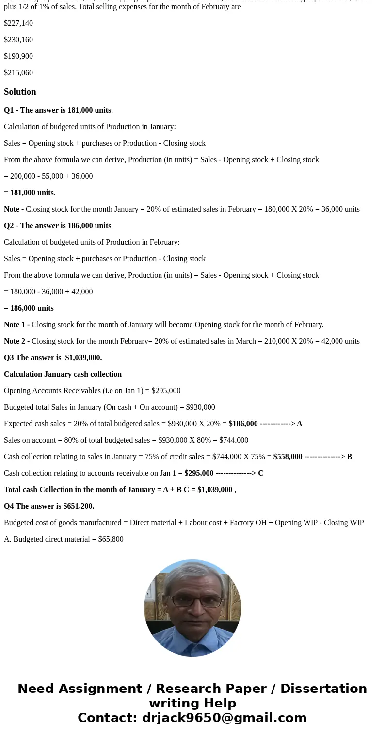 Q1: The Cardinal Company had a finished goods inventory of 55,000 units on January 1. Its projected sales for the next four months were: January - 200,000 units