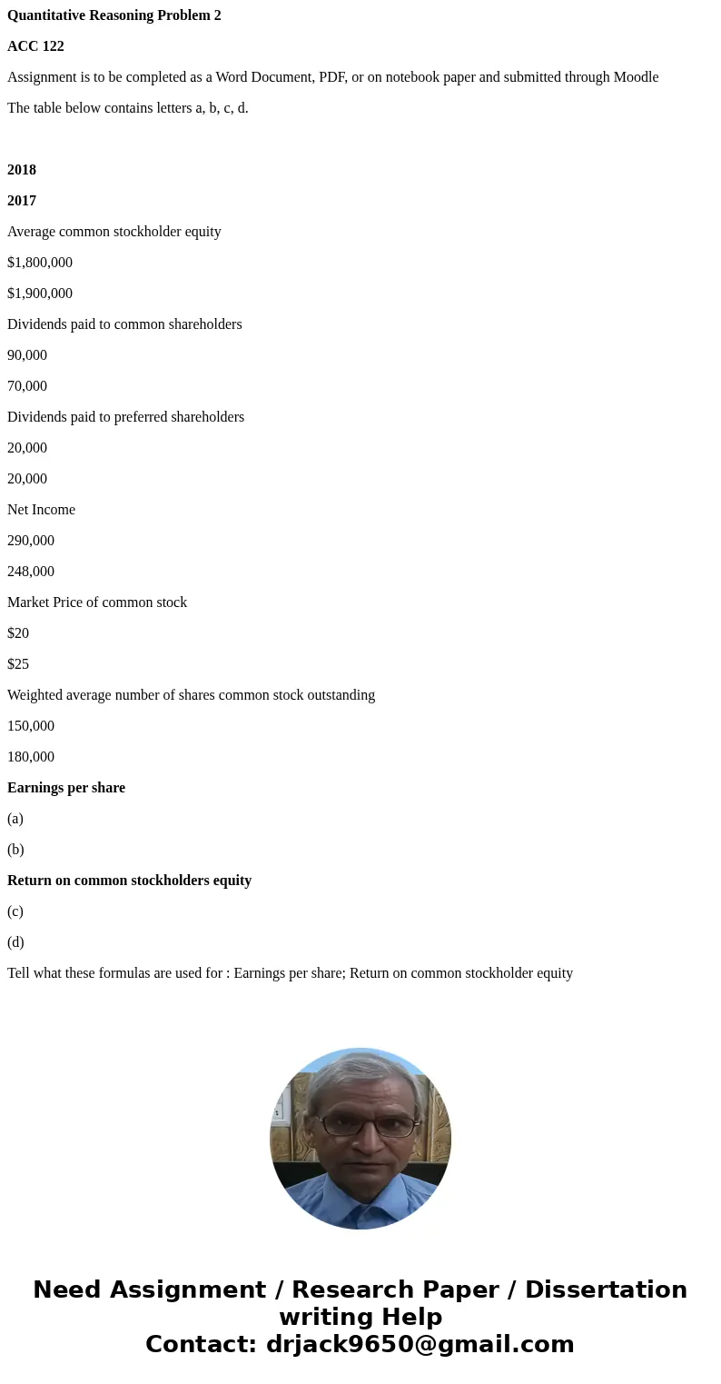 Quantitative Reasoning Problem 2 ACC 122 Assignment is to be completed as a Word Document, PDF, or on notebook paper and submitted through Moodle The table belo Quantitative Reasoning Problem 2 ACC 122 Assignment is to be completed as a Word Document, PDF, or on notebook paper and submitted through Moodle The table belo