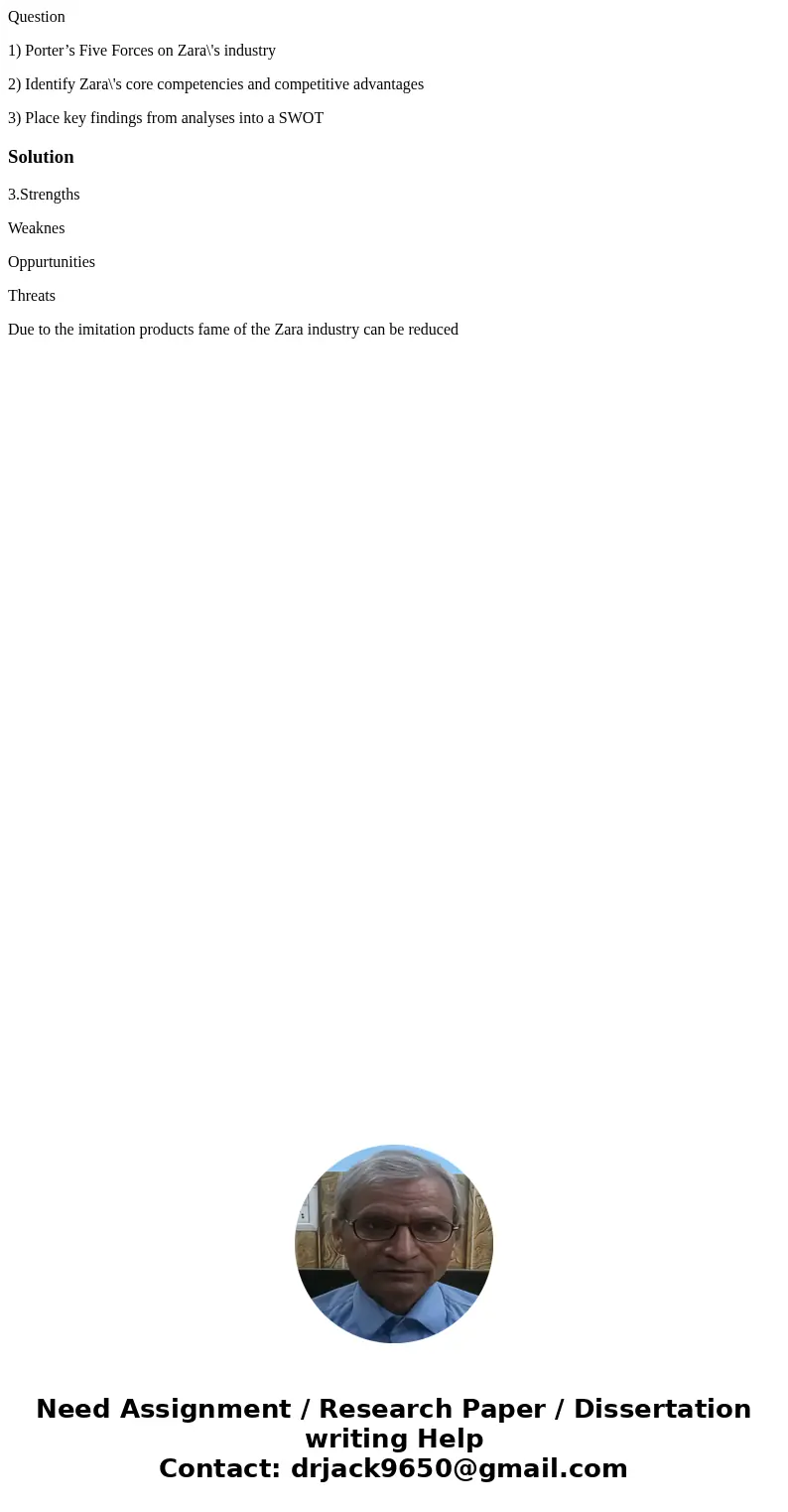 Question 1) Porter’s Five Forces on Zara\'s industry 2) Identify Zara\'s core competencies and competitive advantages 3) Place key findings from analyses into a Question 1) Porter’s Five Forces on Zara\'s industry 2) Identify Zara\'s core competencies and competitive advantages 3) Place key findings from analyses into a