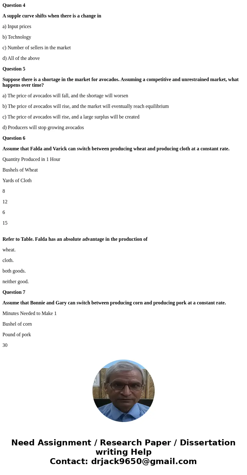Question 4 A supple curve shifts when there is a change in a) Input prices b) Technology c) Number of sellers in the market d) All of the above Question 5 Suppo