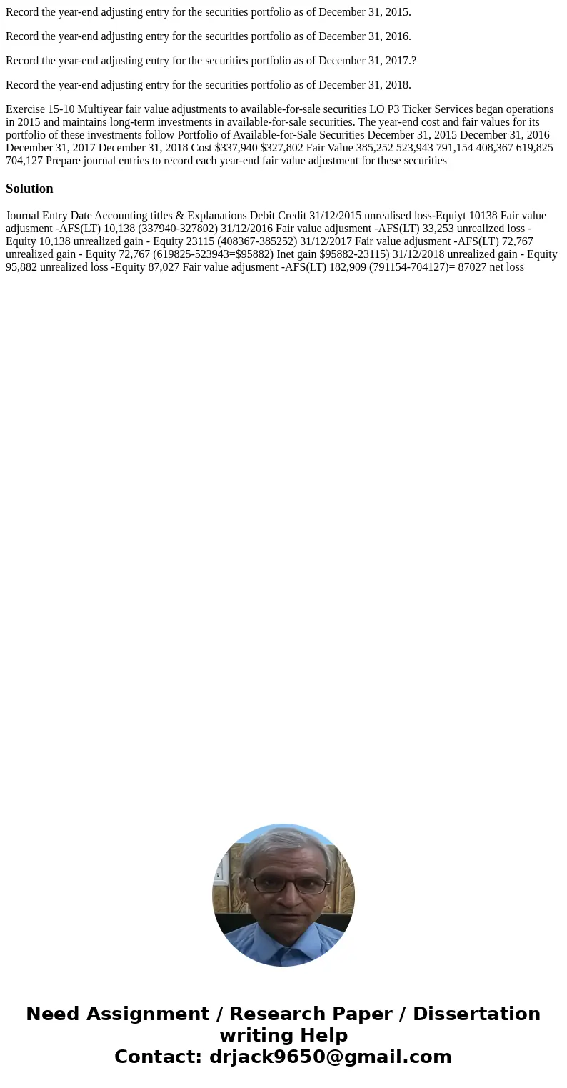 Record the year-end adjusting entry for the securities portfolio as of December 31, 2015. Record the year-end adjusting entry for the securities portfolio as of