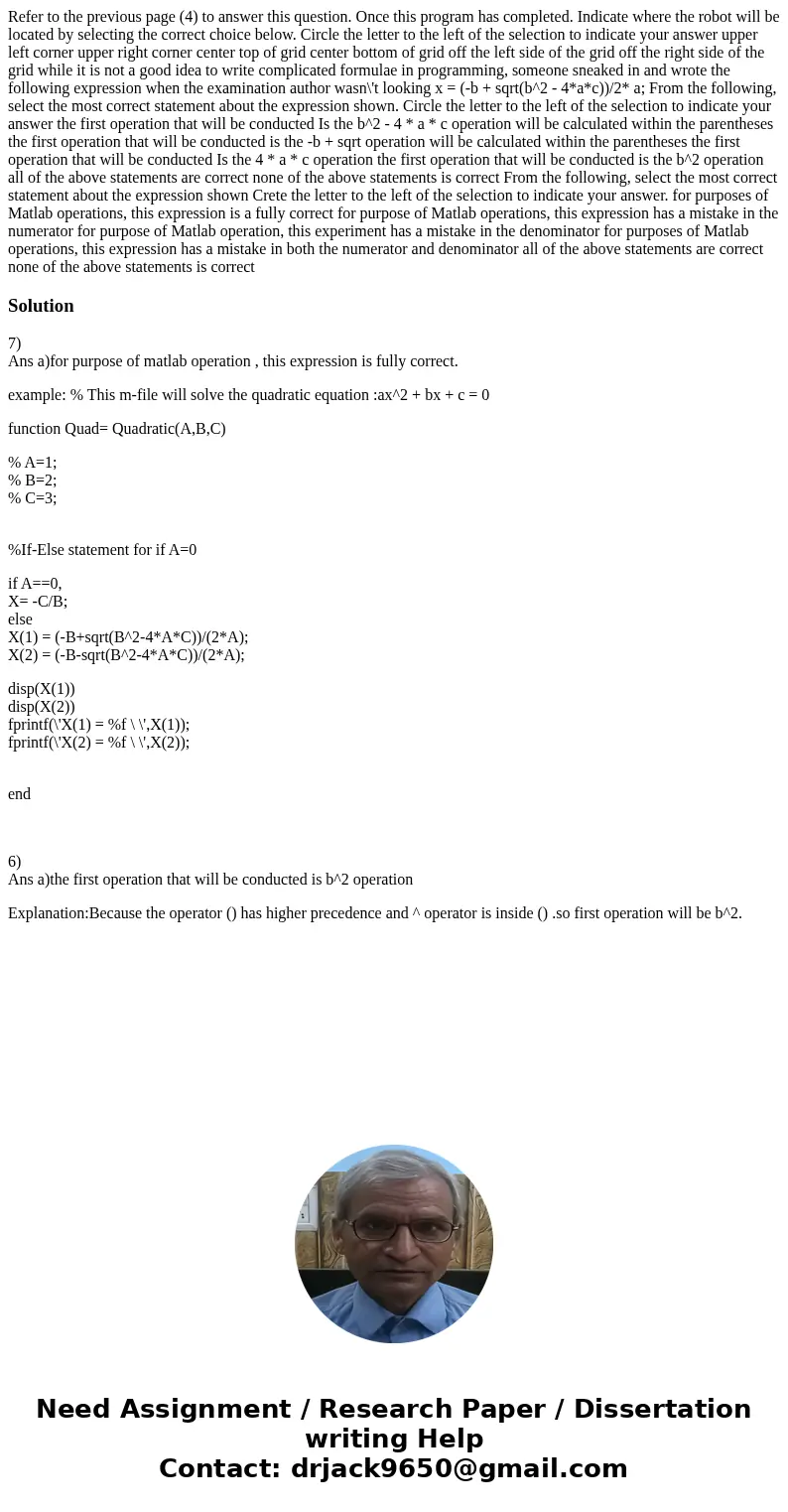 Refer to the previous page (4) to answer this question. Once this program has completed. Indicate where the robot will be located by selecting the correct choi  Refer to the previous page (4) to answer this question. Once this program has completed. Indicate where the robot will be located by selecting the correct choi