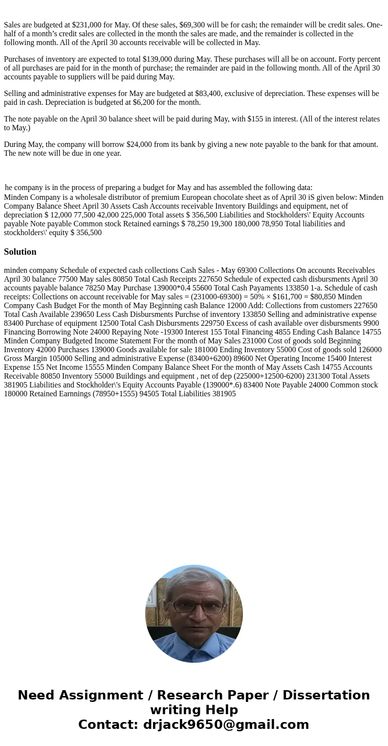 Sales are budgeted at $231,000 for May. Of these sales, $69,300 will be for cash; the remainder will be credit sales. One-half of a month’s credit sales are co  Sales are budgeted at $231,000 for May. Of these sales, $69,300 will be for cash; the remainder will be credit sales. One-half of a month’s credit sales are co