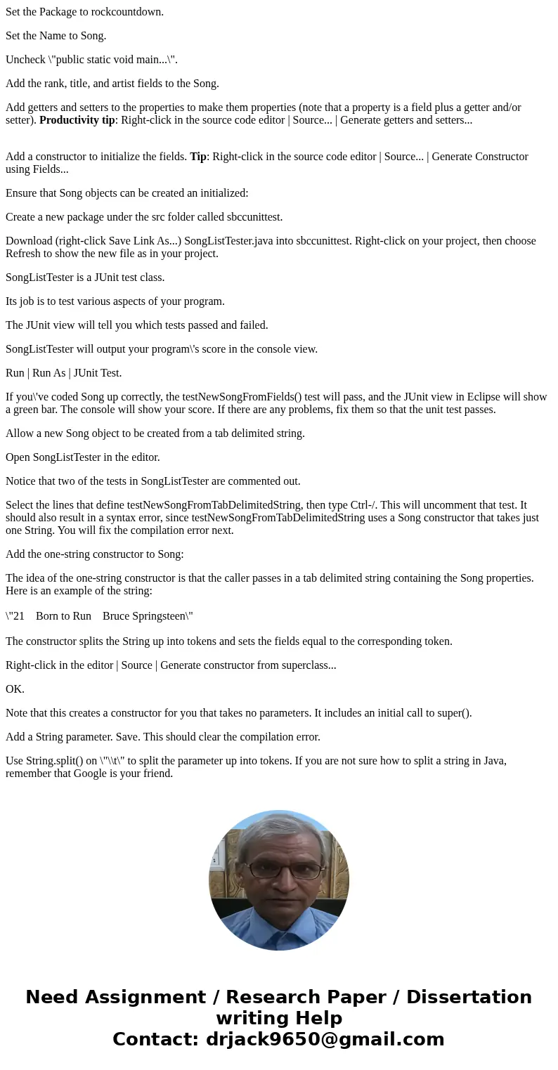 Set the Package to rockcountdown. Set the Name to Song. Uncheck \