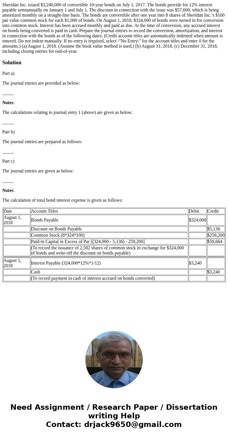 Sheridan Inc. issued $3,240,000 of convertible 10-year bonds on July 1, 2017. The bonds provide for 12% interest payable semiannually on January 1 and July 1. T