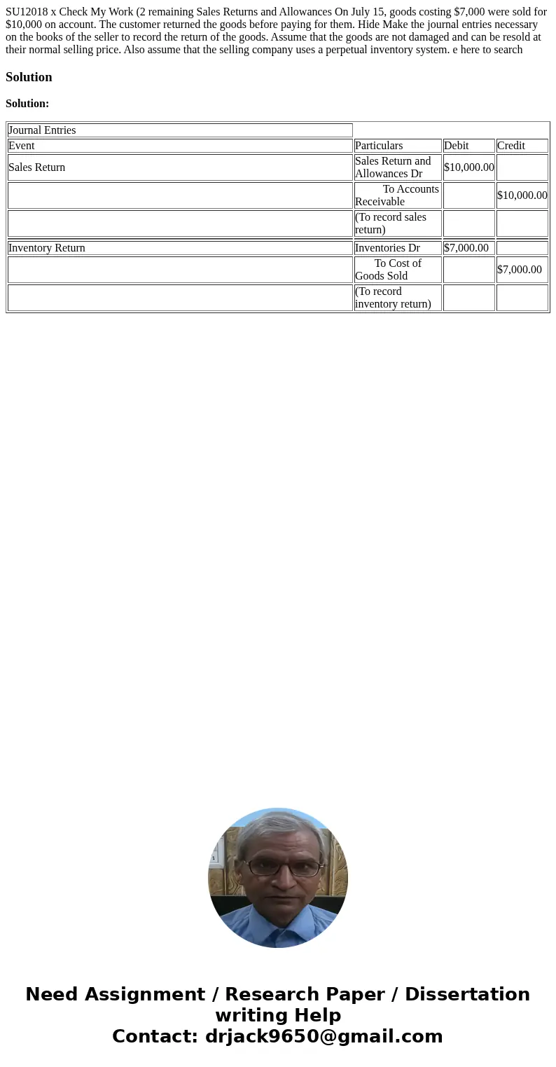  SU12018 x Check My Work (2 remaining Sales Returns and Allowances On July 15, goods costing $7,000 were sold for $10,000 on account. The customer returned the 