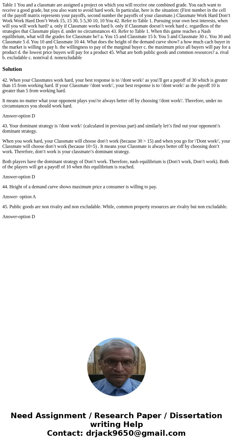 Table 1 You and a classmate are assigned a project on which you will receive one combined grade. You each want to receive a good grade, but you also want to av  Table 1 You and a classmate are assigned a project on which you will receive one combined grade. You each want to receive a good grade, but you also want to av