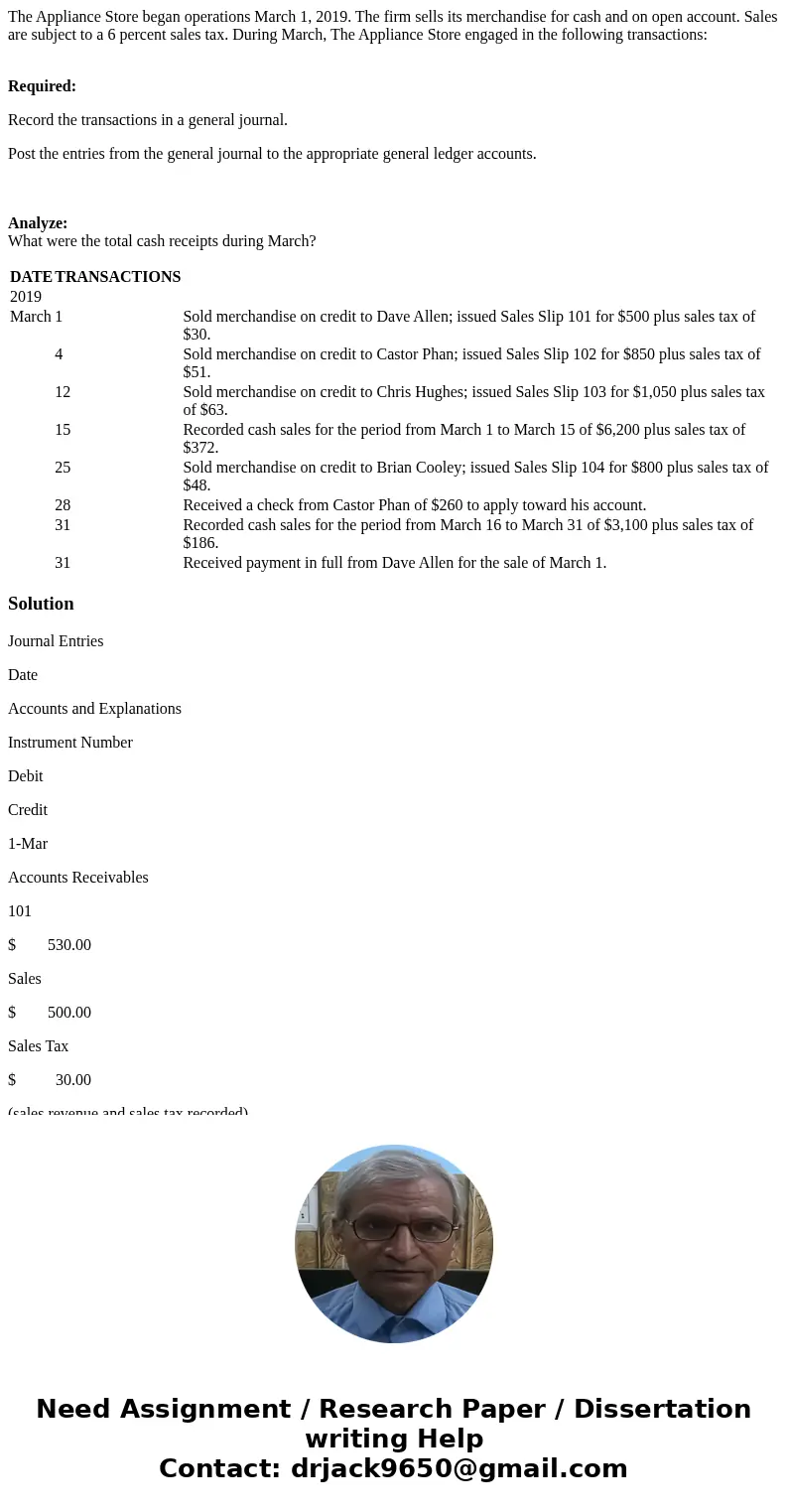The Appliance Store began operations March 1, 2019. The firm sells its merchandise for cash and on open account. Sales are subject to a 6 percent sales tax. Dur