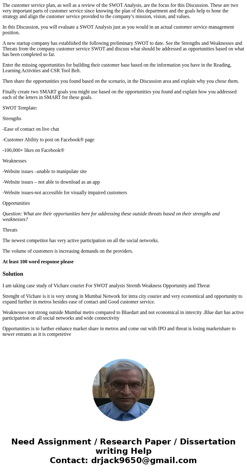 The customer service plan, as well as a review of the SWOT Analysis, are the focus for this Discussion. These are two very important parts of customer service s The customer service plan, as well as a review of the SWOT Analysis, are the focus for this Discussion. These are two very important parts of customer service s