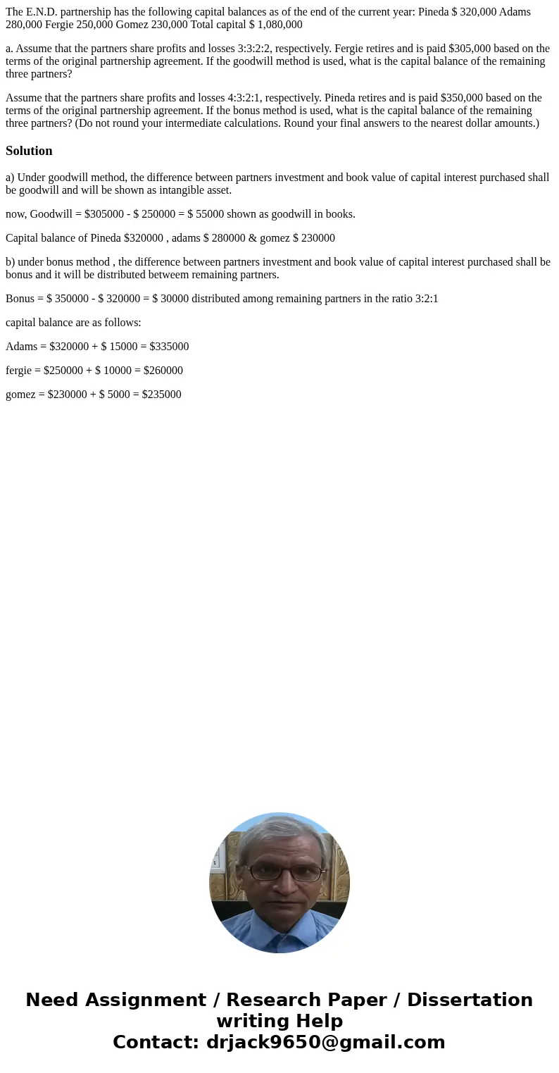The E.N.D. partnership has the following capital balances as of the end of the current year: Pineda $ 320,000 Adams 280,000 Fergie 250,000 Gomez 230,000 Total c The E.N.D. partnership has the following capital balances as of the end of the current year: Pineda $ 320,000 Adams 280,000 Fergie 250,000 Gomez 230,000 Total c