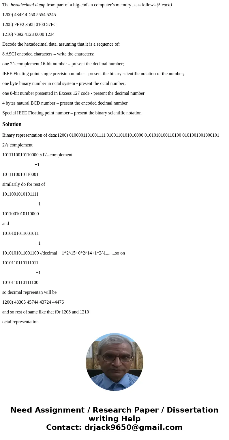 The hexadecimal dump from part of a big-endian computer’s memory is as follows (5 each) 1200) 434F 4D50 5554 5245 1208) FFF2 3508 0100 57FC 1210) 7892 4123 0000