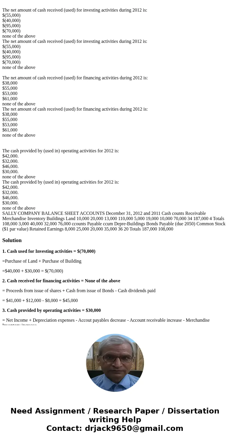The net amount of cash received (used) for investing activities during 2012 is: $(55,000) $(40,000) $(95,000) $(70,000) none of the above The net amount of cas  The net amount of cash received (used) for investing activities during 2012 is: $(55,000) $(40,000) $(95,000) $(70,000) none of the above The net amount of cas