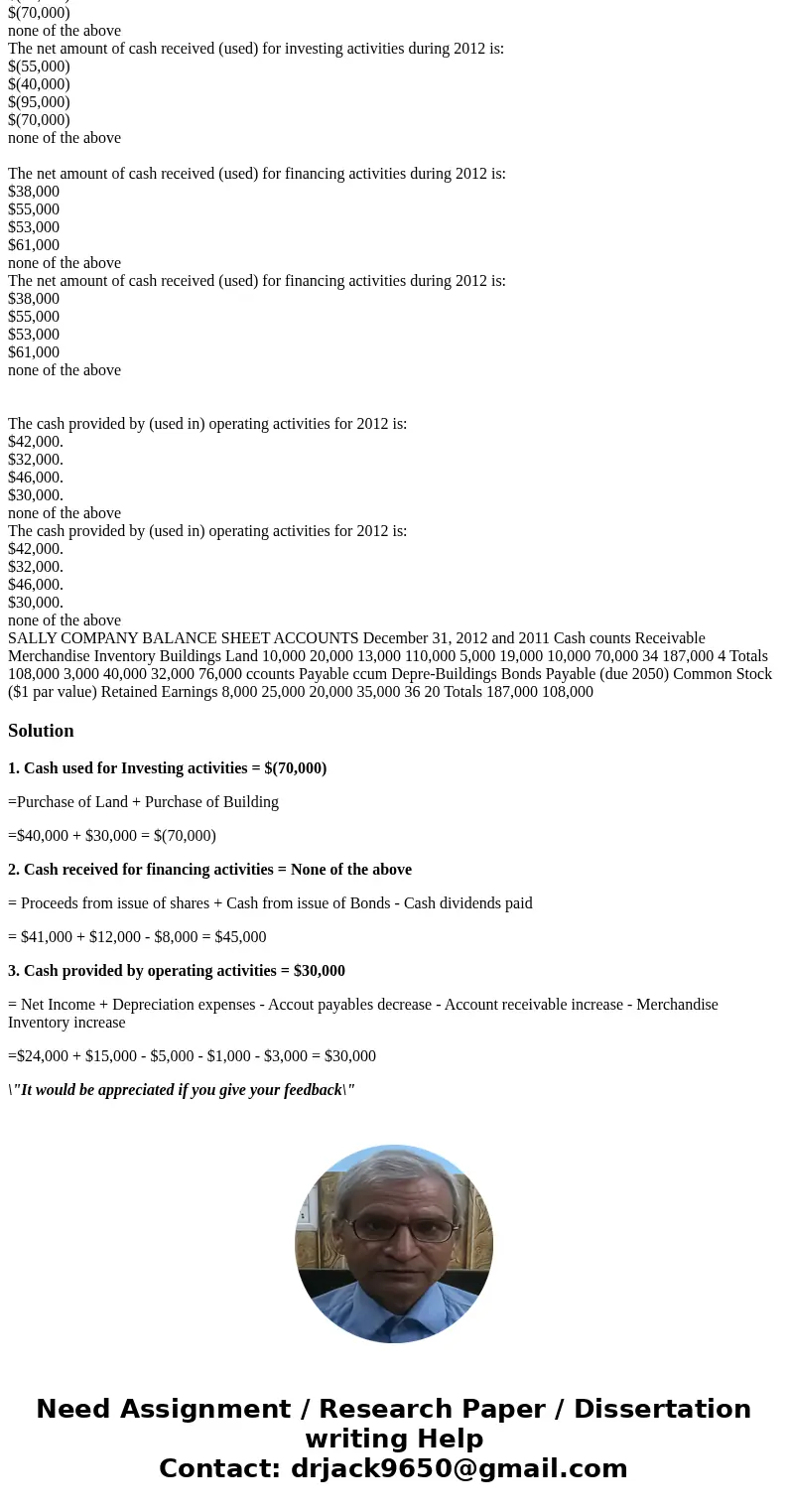 The net amount of cash received (used) for investing activities during 2012 is: $(55,000) $(40,000) $(95,000) $(70,000) none of the above The net amount of cas  The net amount of cash received (used) for investing activities during 2012 is: $(55,000) $(40,000) $(95,000) $(70,000) none of the above The net amount of cas