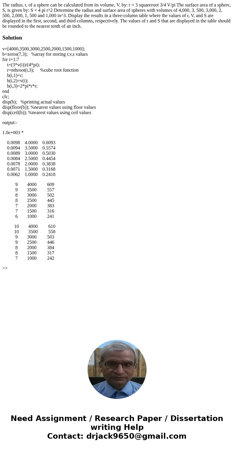 The radius, r, of a sphere can be calculated from its volume, V, by: r = 3 squareroot 3/4 V/pi The surface area of a sphere, S, is given by: S = 4 pi r^2 Deter  The radius, r, of a sphere can be calculated from its volume, V, by: r = 3 squareroot 3/4 V/pi The surface area of a sphere, S, is given by: S = 4 pi r^2 Deter