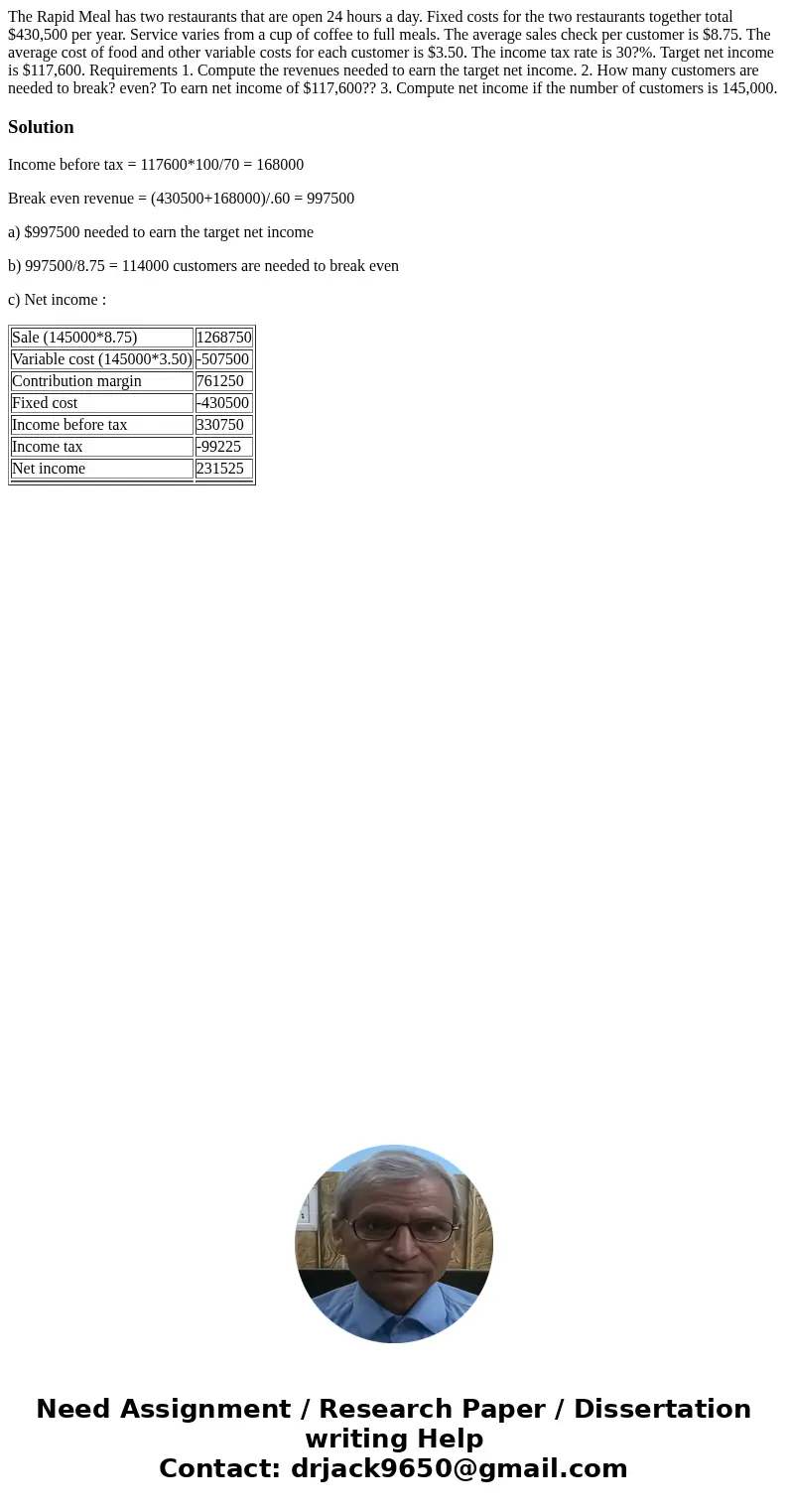 The Rapid Meal has two restaurants that are open 24 hours a day. Fixed costs for the two restaurants together total $430,500 per year. Service varies from a cup The Rapid Meal has two restaurants that are open 24 hours a day. Fixed costs for the two restaurants together total $430,500 per year. Service varies from a cup