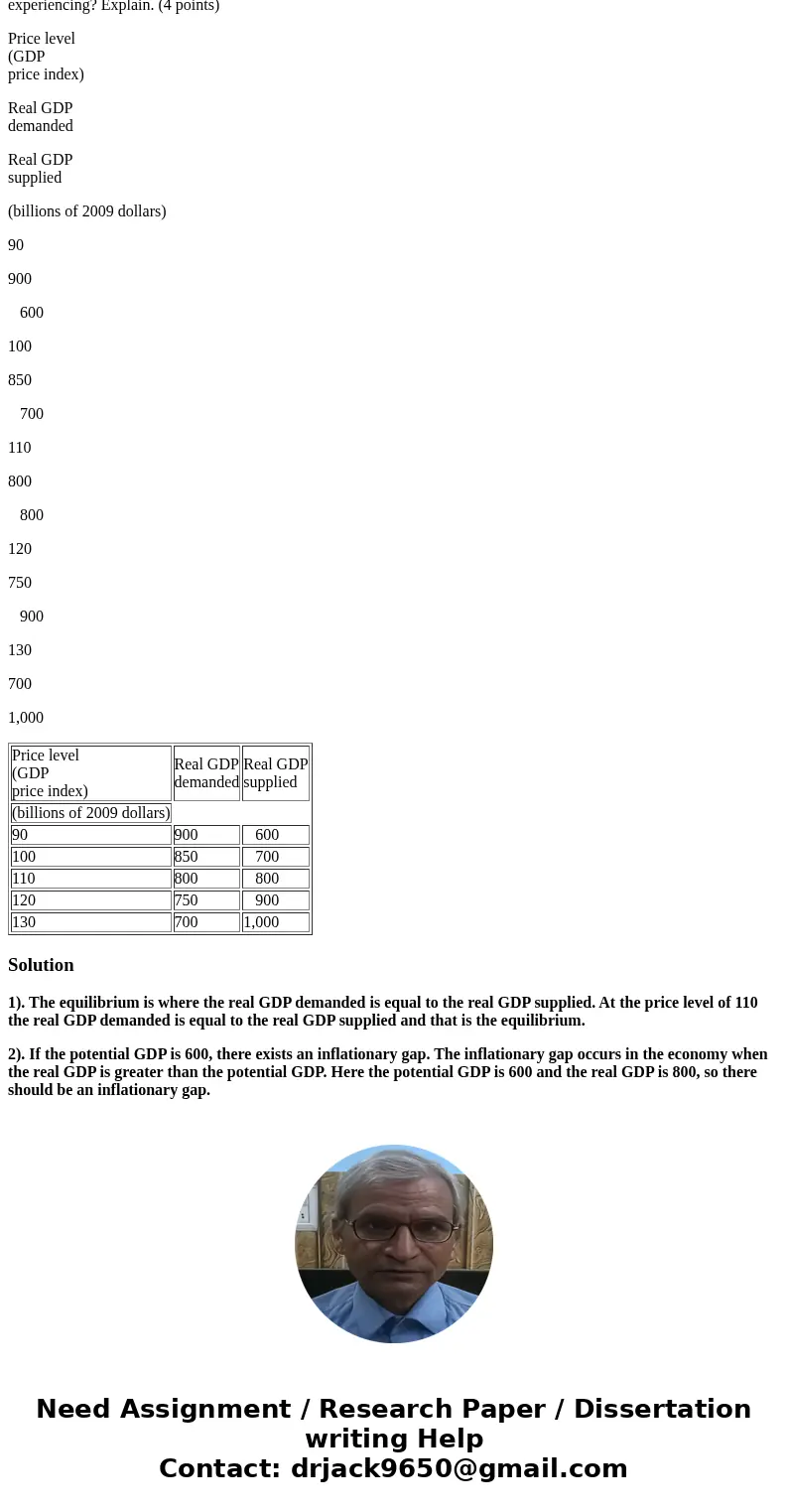 The table sets out an economy’s aggregate demand and aggregate supply schedules. 1) What is the macroeconomic equilibrium? 2)If potential GDP is $600 billion, w
