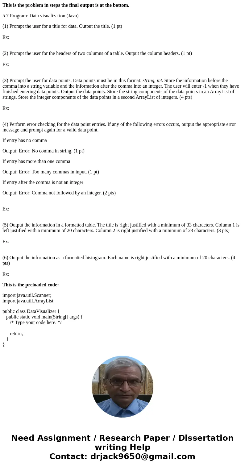 This is the problem in steps the final output is at the bottom. 5.7 Program: Data visualization (Java) (1) Prompt the user for a title for data. Output the titl This is the problem in steps the final output is at the bottom. 5.7 Program: Data visualization (Java) (1) Prompt the user for a title for data. Output the titl