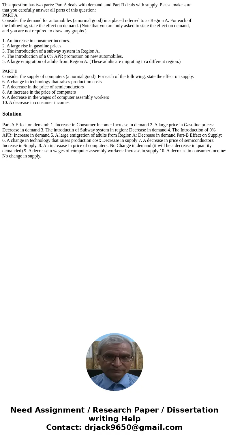 This question has two parts: Part A deals with demand, and Part B deals with supply. Please make sure that you carefully answer all parts of this question: PART This question has two parts: Part A deals with demand, and Part B deals with supply. Please make sure that you carefully answer all parts of this question: PART