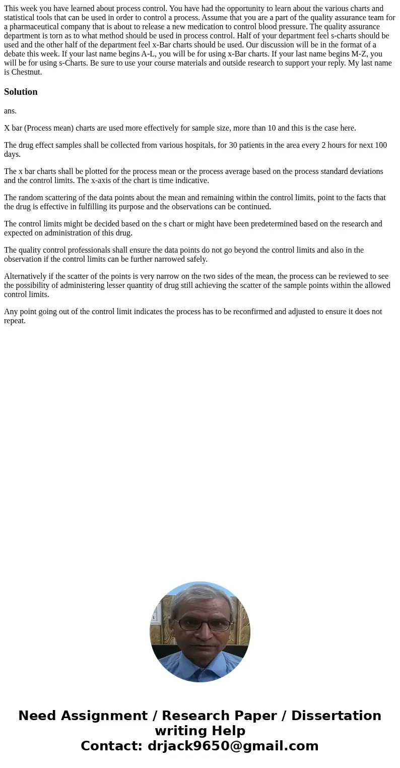 This week you have learned about process control. You have had the opportunity to learn about the various charts and statistical tools that can be used in order