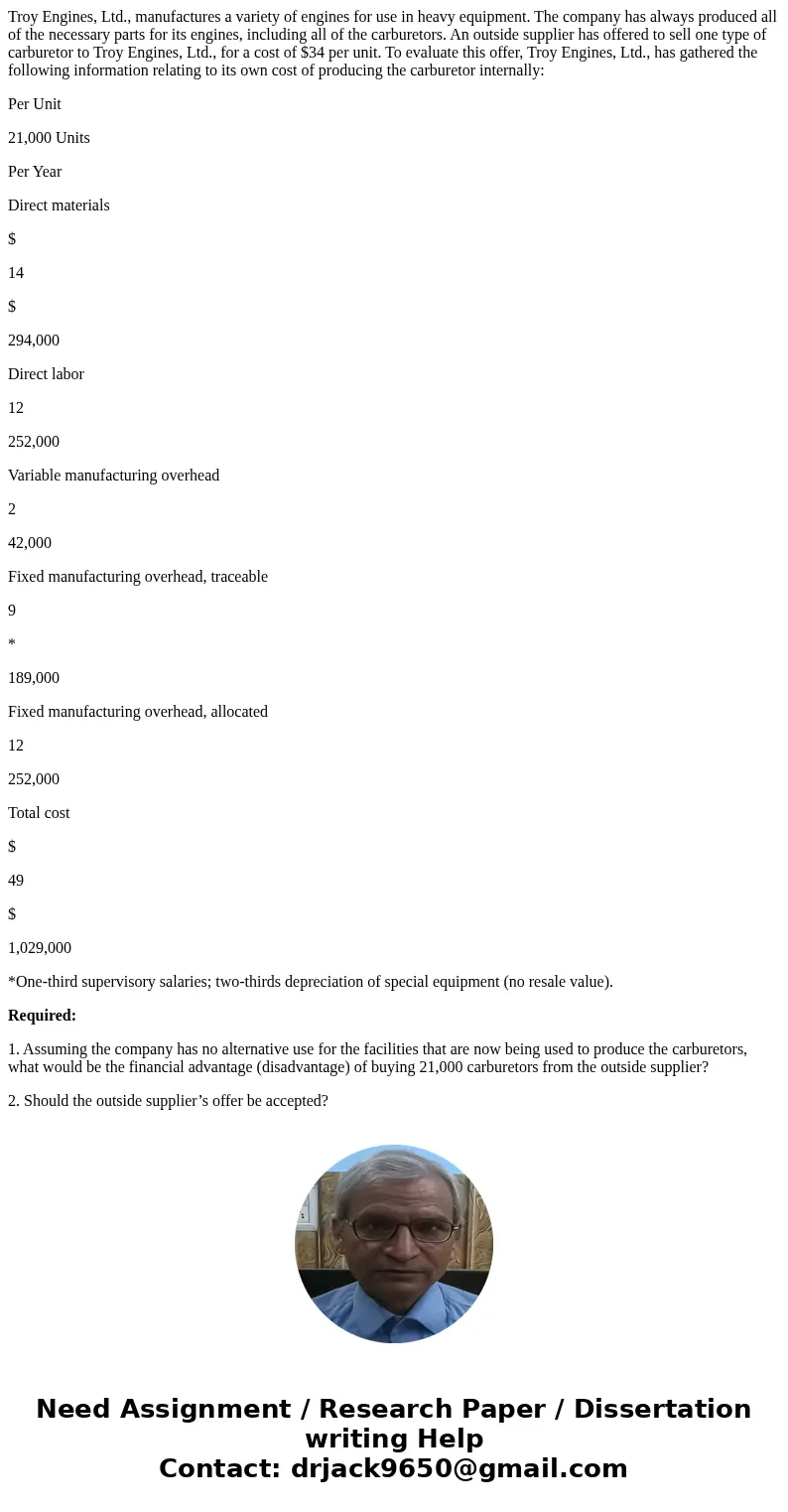 Troy Engines, Ltd., manufactures a variety of engines for use in heavy equipment. The company has always produced all of the necessary parts for its engines, in
