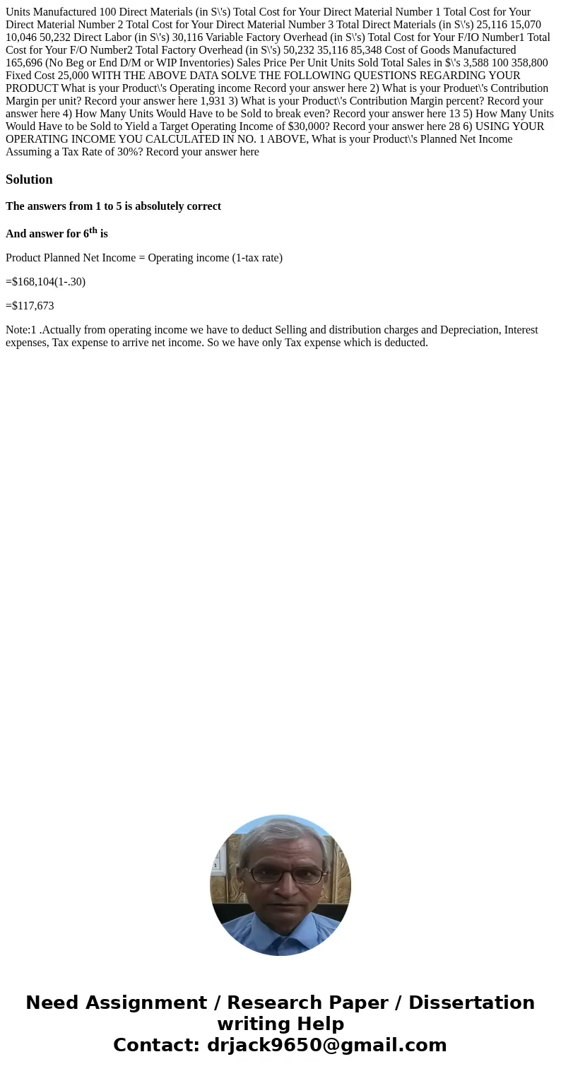  Units Manufactured 100 Direct Materials (in S\'s) Total Cost for Your Direct Material Number 1 Total Cost for Your Direct Material Number 2 Total Cost for Your