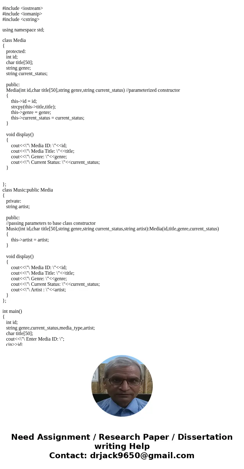 Use C++ to: Create a program that prompts an employee to enter information for Movie or Music in an online store. 2. Based on the selection, create a class name Use C++ to: Create a program that prompts an employee to enter information for Movie or Music in an online store. 2. Based on the selection, create a class name