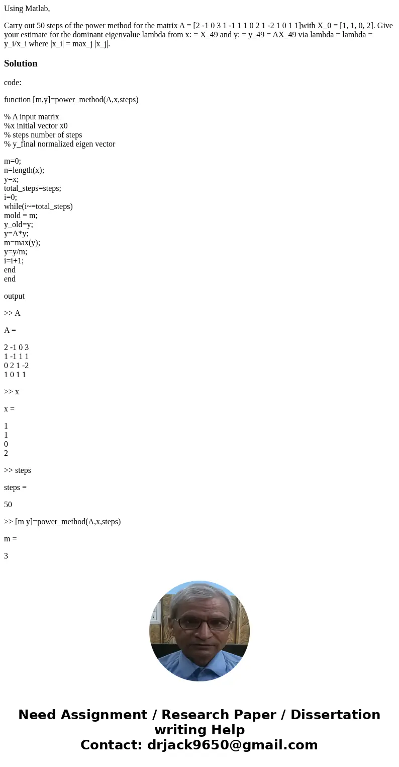 Using Matlab, Carry out 50 steps of the power method for the matrix A = [2 -1 0 3 1 -1 1 1 0 2 1 -2 1 0 1 1]with X_0 = [1, 1, 0, 2]. Give your estimate for the 