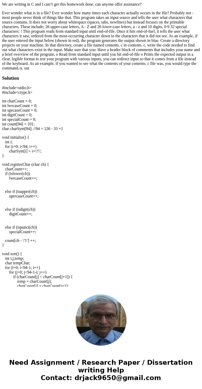 We are writing in C and I can\'t get this homework done, can anyone offer assistance? Ever wonder what is in a file? Ever wonder how many times each character a We are writing in C and I can\'t get this homework done, can anyone offer assistance? Ever wonder what is in a file? Ever wonder how many times each character a