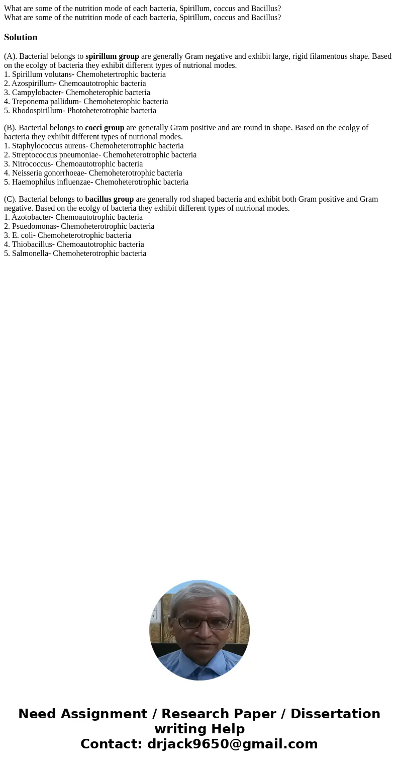 What are some of the nutrition mode of each bacteria, Spirillum, coccus and Bacillus? What are some of the nutrition mode of each bacteria, Spirillum, coccus a  What are some of the nutrition mode of each bacteria, Spirillum, coccus and Bacillus? What are some of the nutrition mode of each bacteria, Spirillum, coccus a