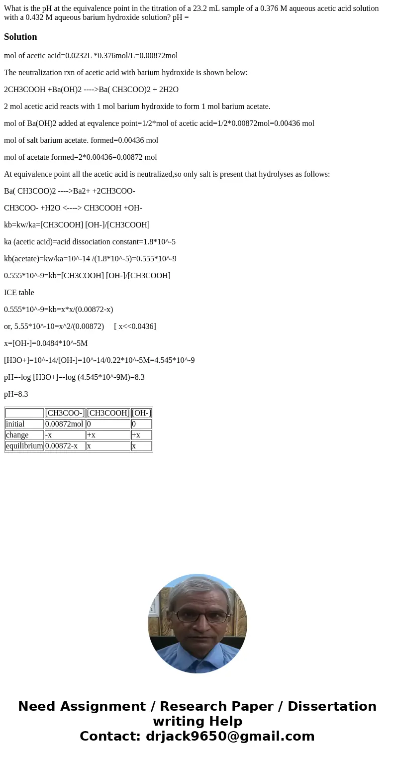 What is the pH at the equivalence point in the titration of a 23.2 mL sample of a 0.376 M aqueous acetic acid solution with a 0.432 M aqueous barium hydroxide s What is the pH at the equivalence point in the titration of a 23.2 mL sample of a 0.376 M aqueous acetic acid solution with a 0.432 M aqueous barium hydroxide s