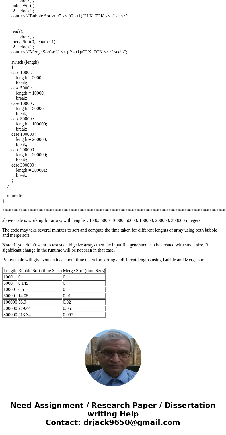 Write a program to display the running time of Bubble Sort and Merge Sort. the C++ code of Bubble Sort and Merge Sort . Test these sorts on arrays of various si Write a program to display the running time of Bubble Sort and Merge Sort. the C++ code of Bubble Sort and Merge Sort . Test these sorts on arrays of various si