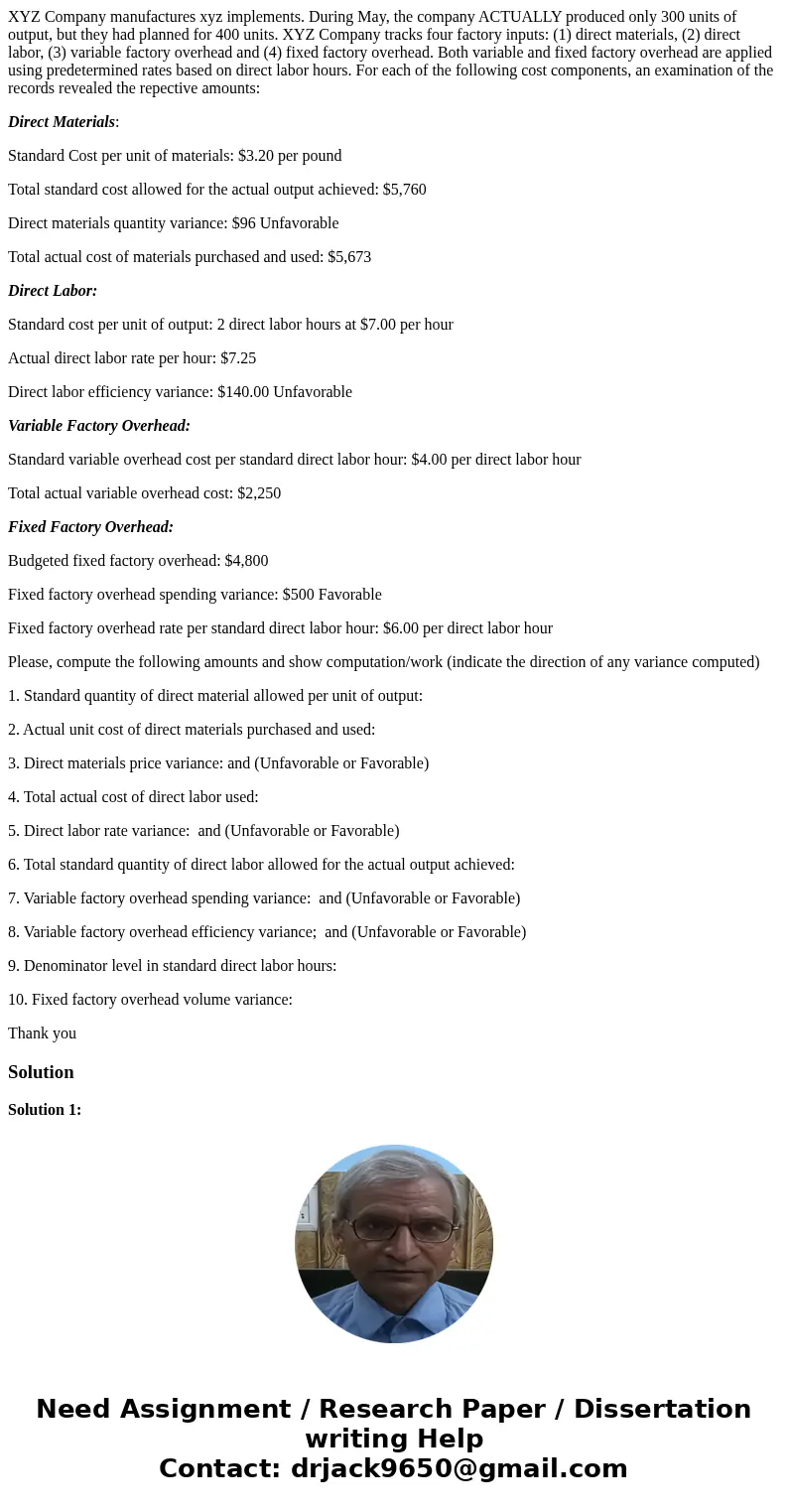 XYZ Company manufactures xyz implements. During May, the company ACTUALLY produced only 300 units of output, but they had planned for 400 units. XYZ Company tra XYZ Company manufactures xyz implements. During May, the company ACTUALLY produced only 300 units of output, but they had planned for 400 units. XYZ Company tra
