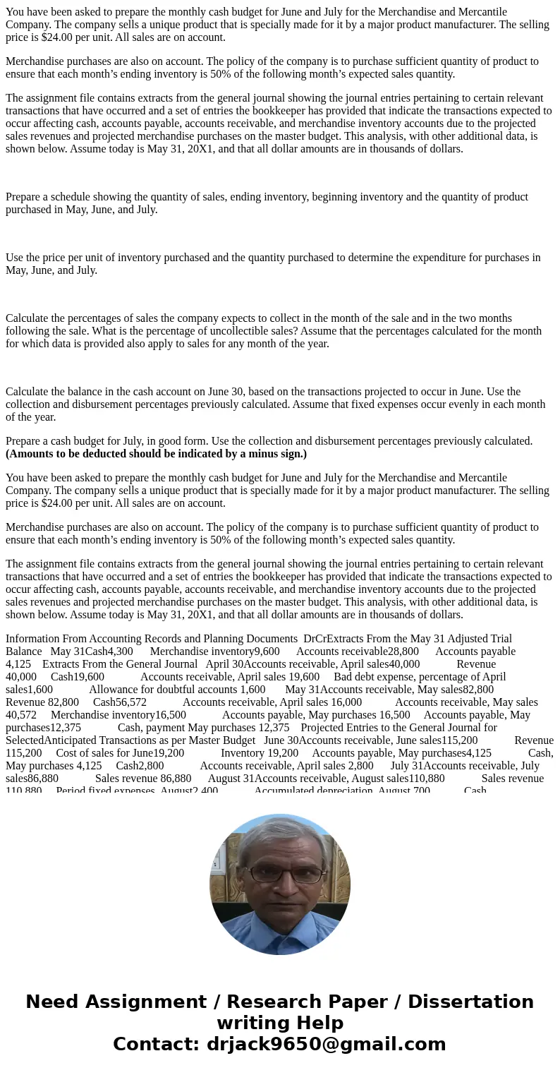 You have been asked to prepare the monthly cash budget for June and July for the Merchandise and Mercantile Company. The company sells a unique product that is 