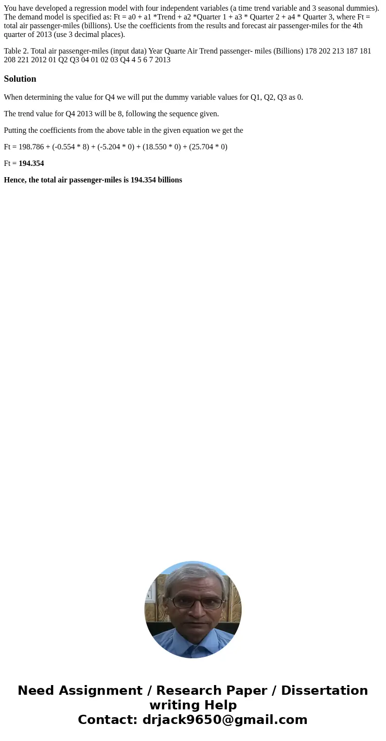 You have developed a regression model with four independent variables (a time trend variable and 3 seasonal dummies). The demand model is specified as: Ft = a0  You have developed a regression model with four independent variables (a time trend variable and 3 seasonal dummies). The demand model is specified as: Ft = a0