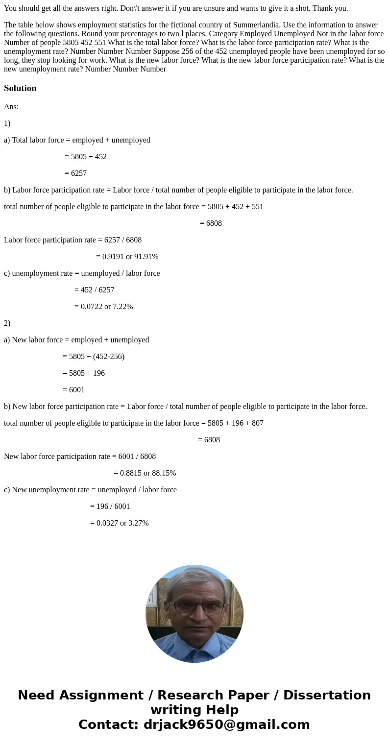 You should get all the answers right. Don\'t answer it if you are unsure and wants to give it a shot. Thank you. The table below shows employment statistics fo  You should get all the answers right. Don\'t answer it if you are unsure and wants to give it a shot. Thank you. The table below shows employment statistics fo