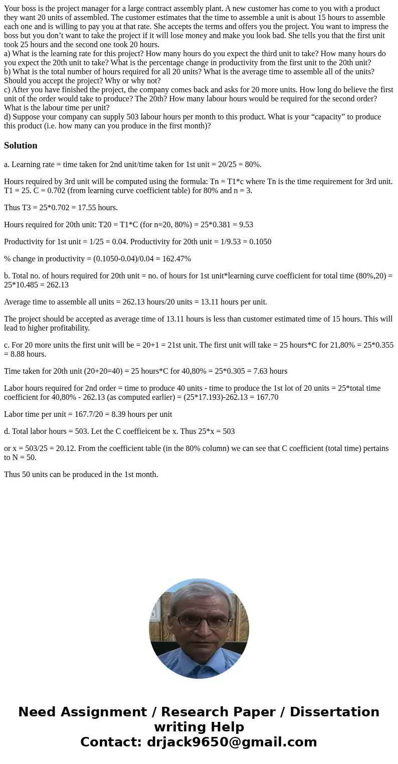 Your boss is the project manager for a large contract assembly plant. A new customer has come to you with a product they want 20 units of assembled. The custome Your boss is the project manager for a large contract assembly plant. A new customer has come to you with a product they want 20 units of assembled. The custome