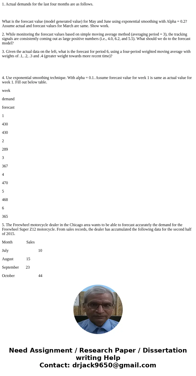 1. Actual demands for the last four months are as follows. What is the forecast value (model generated value) for May and June using exponential smoothing with  1. Actual demands for the last four months are as follows. What is the forecast value (model generated value) for May and June using exponential smoothing with