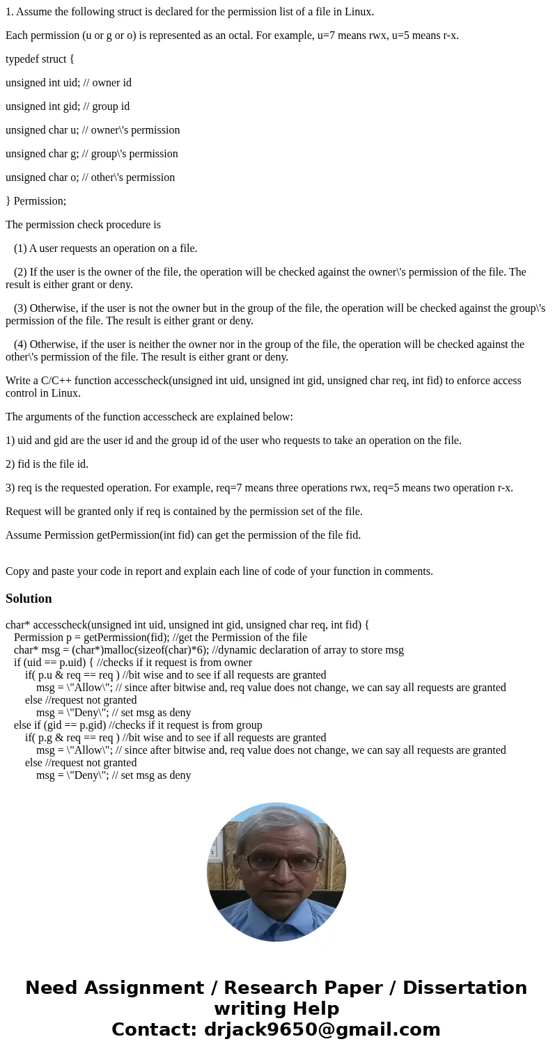 1. Assume the following struct is declared for the permission list of a file in Linux. Each permission (u or g or o) is represented as an octal. For example, u= 1. Assume the following struct is declared for the permission list of a file in Linux. Each permission (u or g or o) is represented as an octal. For example, u=