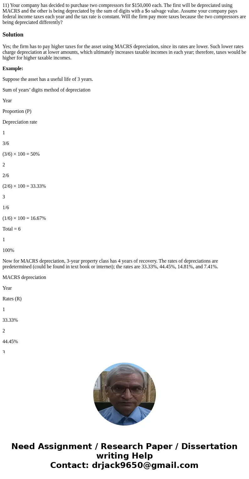11) Your company has decided to purchase two compressors for $150,000 each. The first will be depreciated using MACRS and the other is being depreciated by the  11) Your company has decided to purchase two compressors for $150,000 each. The first will be depreciated using MACRS and the other is being depreciated by the