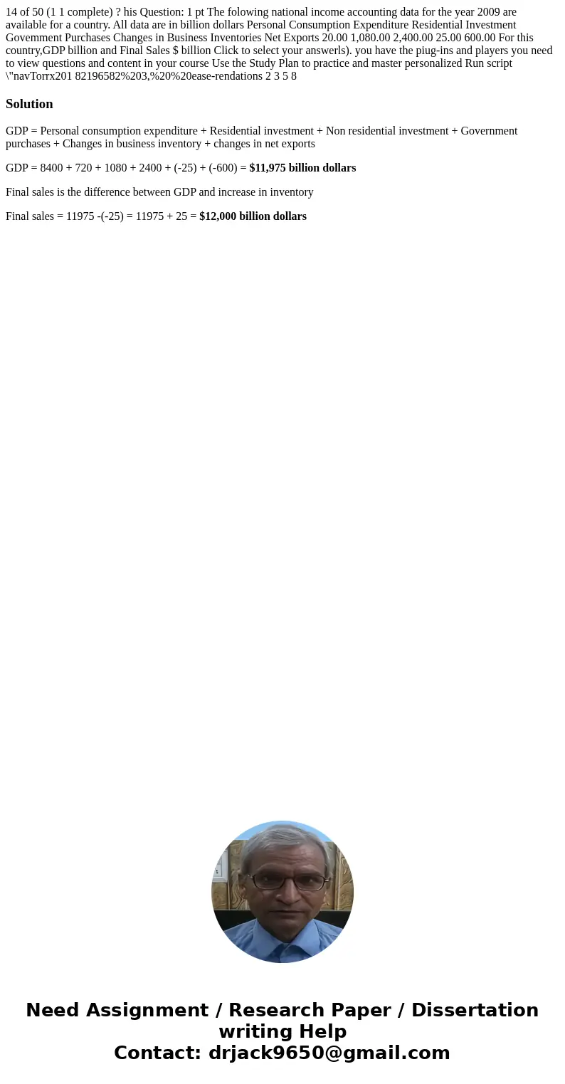 14 of 50 (1 1 complete) ? his Question: 1 pt The folowing national income accounting data for the year 2009 are available for a country. All data are in billio  14 of 50 (1 1 complete) ? his Question: 1 pt The folowing national income accounting data for the year 2009 are available for a country. All data are in billio