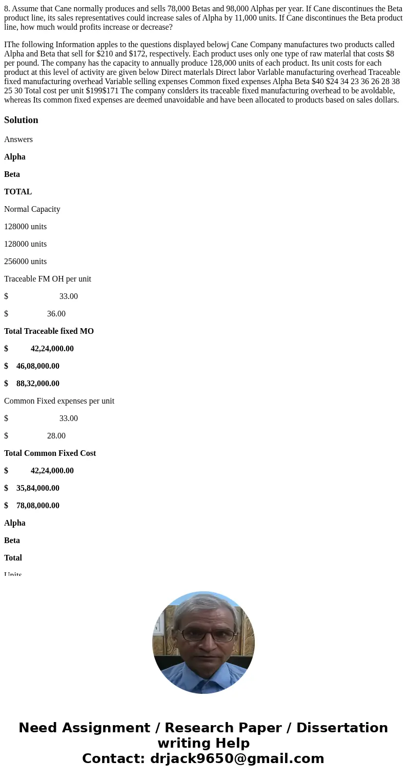 8. Assume that Cane normally produces and sells 78,000 Betas and 98,000 Alphas per year. If Cane discontinues the Beta product line, its sales representatives c 8. Assume that Cane normally produces and sells 78,000 Betas and 98,000 Alphas per year. If Cane discontinues the Beta product line, its sales representatives c