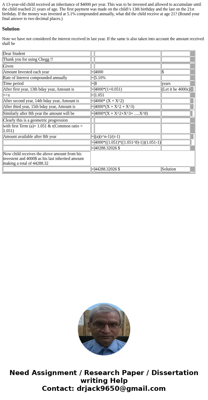 A 13-year-old child received an inheritance of $4000 per year. This was to be invested and allowed to accumulate until the child reached 21 years of age. The fi