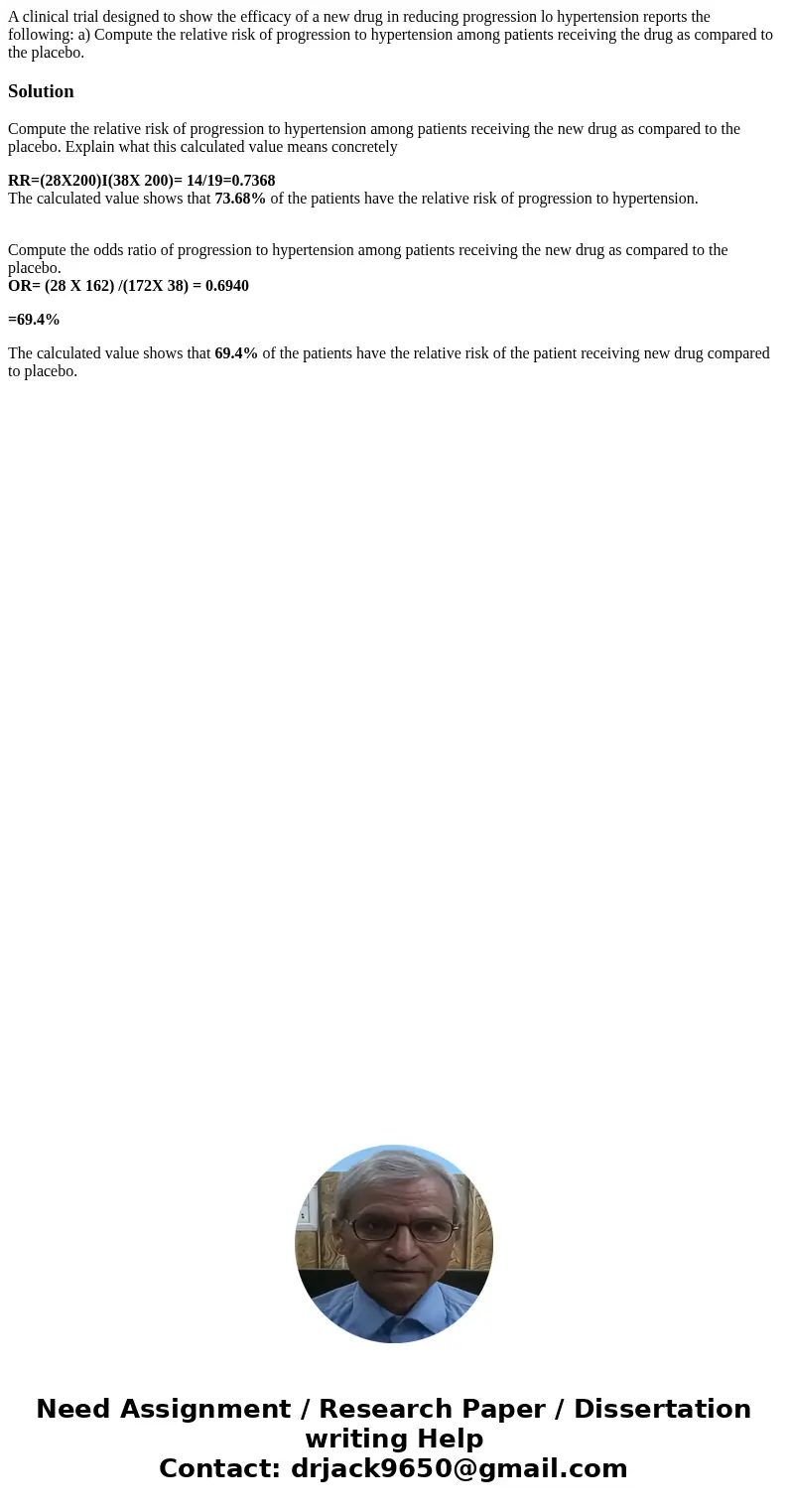 A clinical trial designed to show the efficacy of a new drug in reducing progression lo hypertension reports the following: a) Compute the relative risk of pro  A clinical trial designed to show the efficacy of a new drug in reducing progression lo hypertension reports the following: a) Compute the relative risk of pro